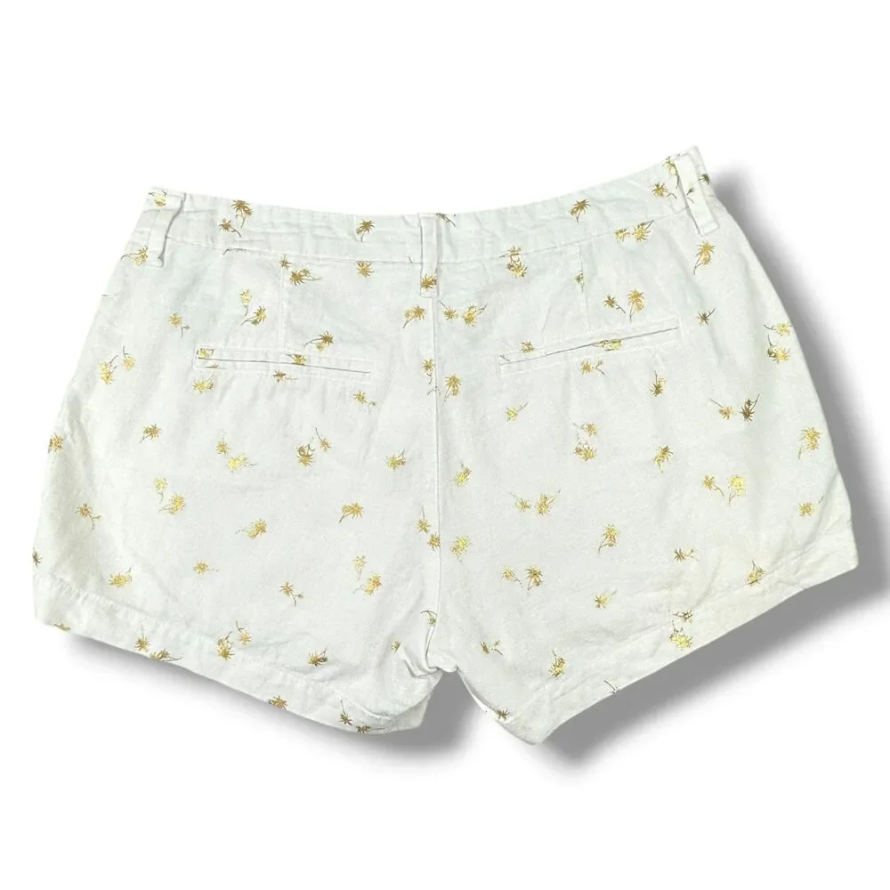 Old Navy White Linen Shorts Metallic Gold Palm Tree Print Womens Size 4 Coastal